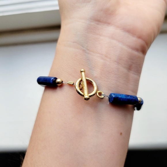 Vintage 14K GF Lapis Lazuli Egyptian Scarab Gemstone Beaded Bracelet - Picture 7 of 8